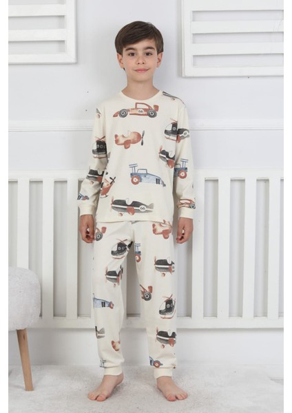 Vintage Uçak Desenli %100 Pamuk Uzun Kollu Erkek Çocuk Pijama Takımı 3-13 Yaş