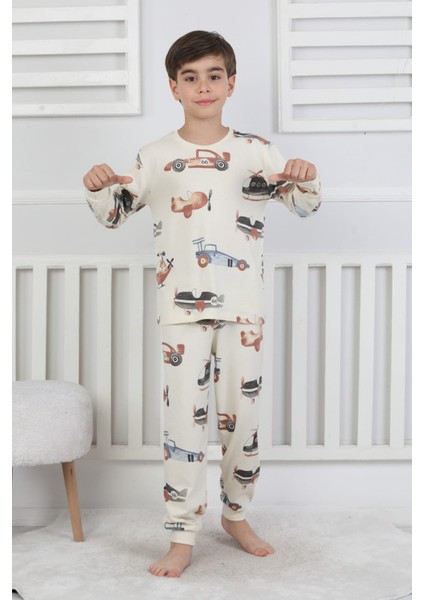 Vintage Uçak Desenli %100 Pamuk Uzun Kollu Erkek Çocuk Pijama Takımı 3-13 Yaş fiyatları