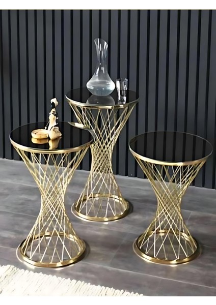 3'lü Kayzer Zigon Sehpa Seti Gold Ayak Siyah Cam
