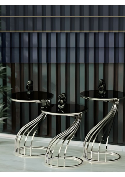 3'lü Jura Zigon Sehpa Seti Gümüş Ayak Siyah Cam