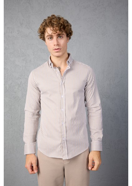 Çizgili Pamuk Likralı Slim Fit Erkek Gömlek fırsatları