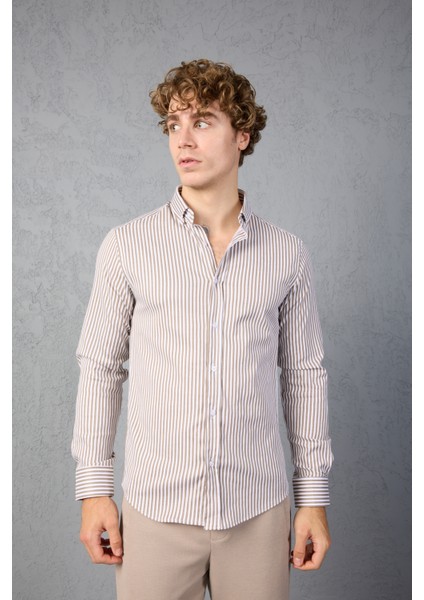 Çizgili Pamuk Likralı Slim Fit Erkek Gömlek