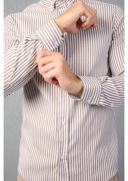 Çizgili Pamuk Likralı Slim Fit Erkek Gömlek