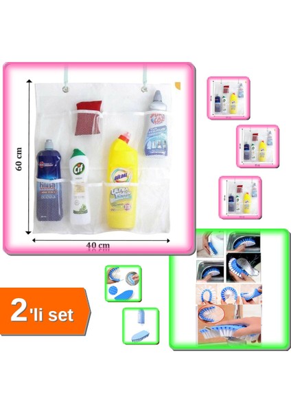 Mutfak + Banyo Için 8 Cepli Askılı Düzenleyici File + Esnek Temizlik Fırçası A4B5C6