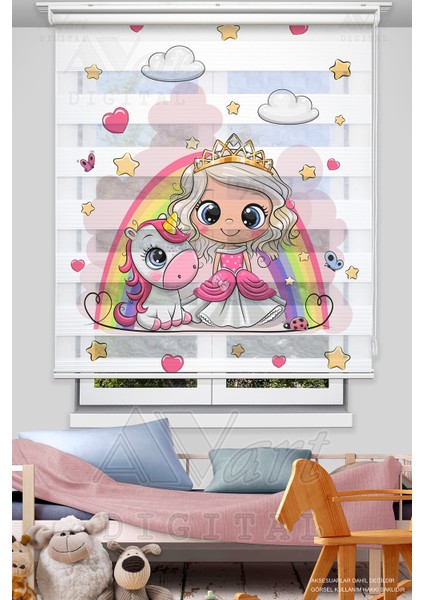 Minik Prenses ve Sevimli Unicorn Basklı Çocuk Odası Perdesi - Dijital Baskılı Zebra Stor Perde