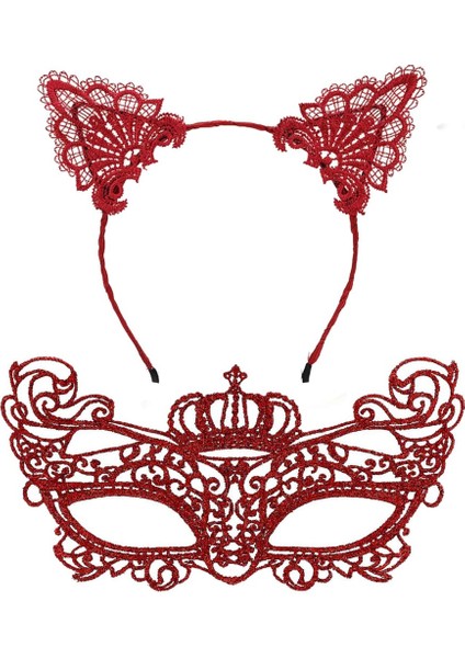 Lünessiworld Kırmızı Dantel Taçlı Maske Seti 2 No - Parti, Balo, Kostüm Anessiworldesuarı