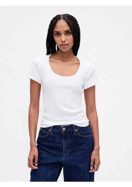 Kadın Beyaz Modern Fitilli Crop T-Shirt