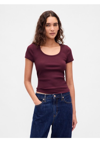 Kadın Bordo Modern Fitilli Crop T-Shirt