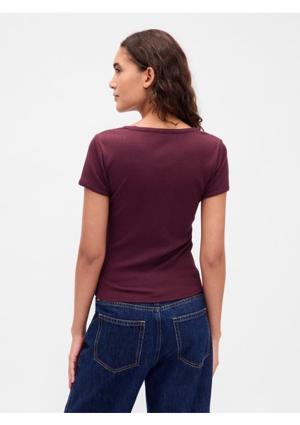Kadın Bordo Modern Fitilli Crop T-Shirt fırsatları