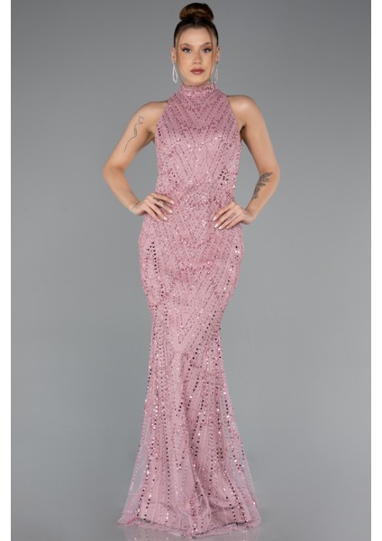 Halter Yaka Uzun Boncuklu Büyük Beden Abiye ABU5063