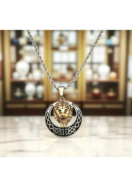 Erkek Aslan Figürlü Çelik Kolye