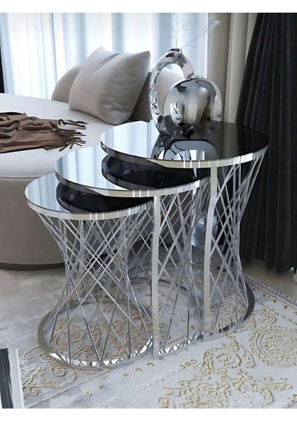 3'lü Anatol Zigon Sehpa Seti Gümüş Ayak Siyah Cam