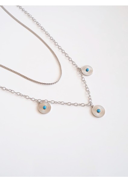 Çelik Çift Sıralı Mavi Taşlı Kolye