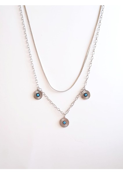 Çelik Çift Sıralı Mavi Taşlı Kolye fiyatları