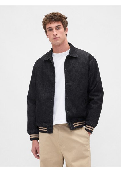 Erkek Siyah Oversized Varsity Denim Ceket