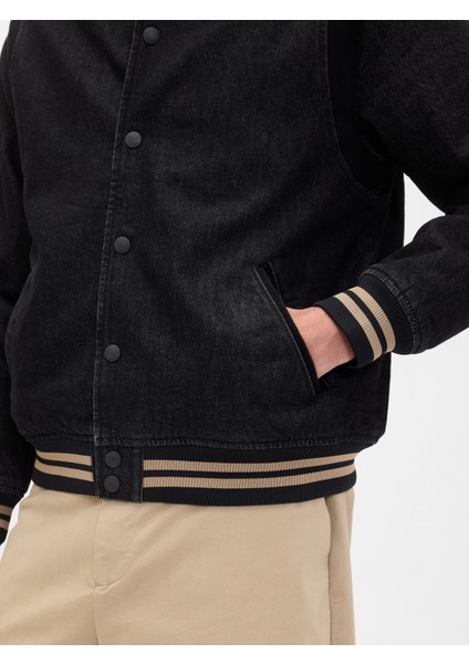 Erkek Siyah Oversized Varsity Denim Ceket modelleri