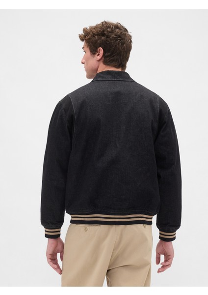Erkek Siyah Oversized Varsity Denim Ceket fırsatları