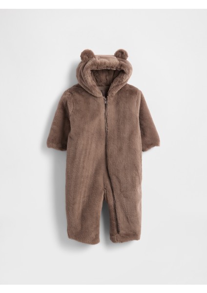 Bebek Kahverengi Suni Kürk Ayı Kapüşonlu Tulum