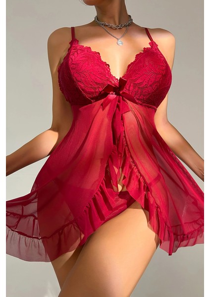 Kadın Bordo Dantelli, Fırfırlı Tül ve Fiyonk Detaylı Tangalı Gecelik Takımı modelleri