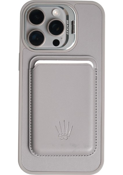 Primecase Iphone 15 Pro Gri Manyetik Özellikli Standlı Deri Kılıf+Kartlık