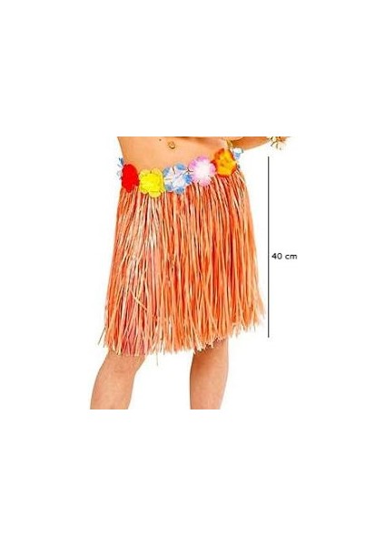Yetişkin ve Çocuk Uyumlu Turuncu Renk Püsküllü Hawaii Luau Hula Etek 40 cm