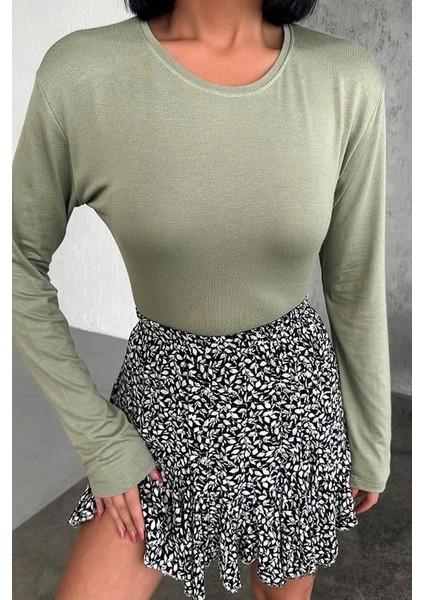Rahat ve Şık Uzun Kollu Bisiklet Yaka Likralı Viskon Penye Body Haki ( Lisinya )