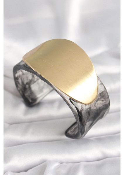 Siyah Mermer Desen Akrilik Plastik Gold Oval Plaka Model Vintage Kadın Bilezik - Lisinya
