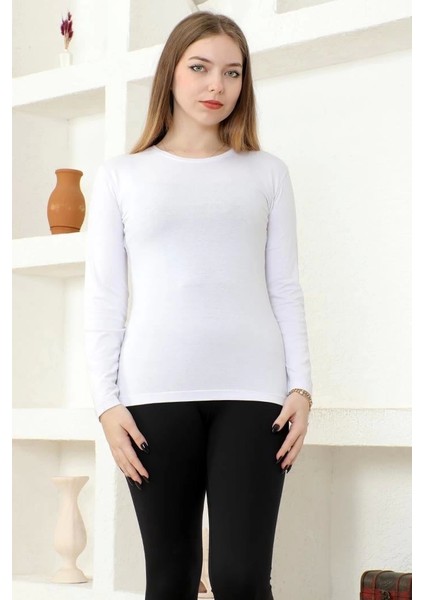 Rahat ve Şık Uzun Kollu Bisiklet Yaka Likralı Viskon Penye Body Beyaz ( Lisinya )