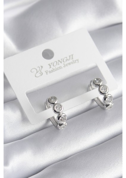 Pirinç Gümüş Renk Zirkon Taşlı Kadın Küpe - Lisinya