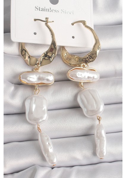 Pirinç Gold Renk Sallantı Ezme Inci Model Kadın Küpe - Lisinya