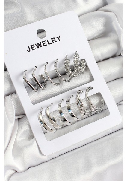 Pirinç Karışık Halka Model Gümüş Renk 6 Çift Kadın Küpe Set - Lisinya