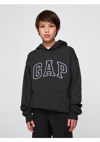 Erkek Çocuk Koyu Gri Relaxed Gap Logo Kapüşonlu Sweatshirt