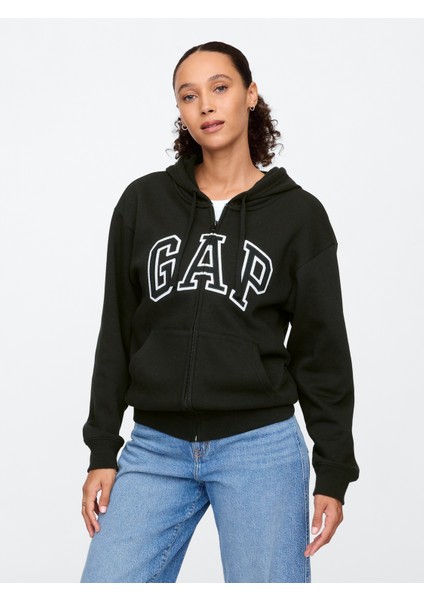 Kadın Siyah Gap Logo Fleece Fermuarlı Sweatshirt