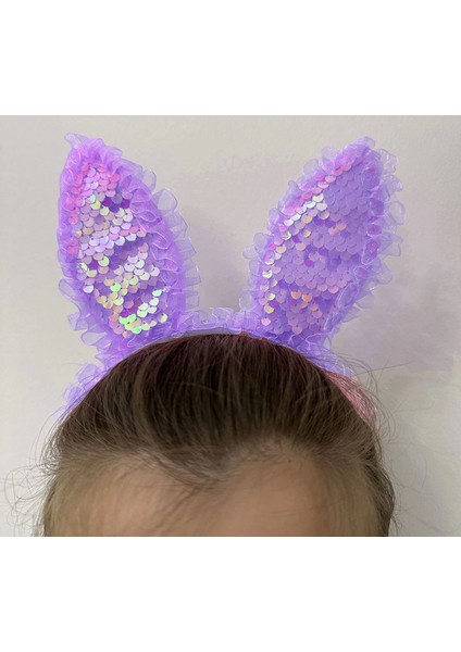 Kenarları Dantelli Mor Pullu Payetli LED Işıklı Tavşan Kulak Taç 23X19 cm - Lisinya