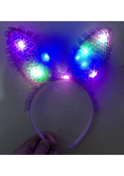 Kenarları Dantelli Mor Pullu Payetli LED Işıklı Tavşan Kulak Taç 23X19 cm - Lisinya fiyatları