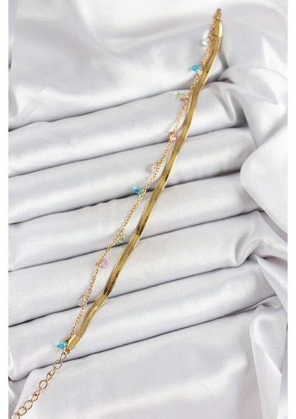 316L Çelik Gold Renk Karışık Renkli Kristal Taşlı 2'li Kadın Bileklik - Lisinya