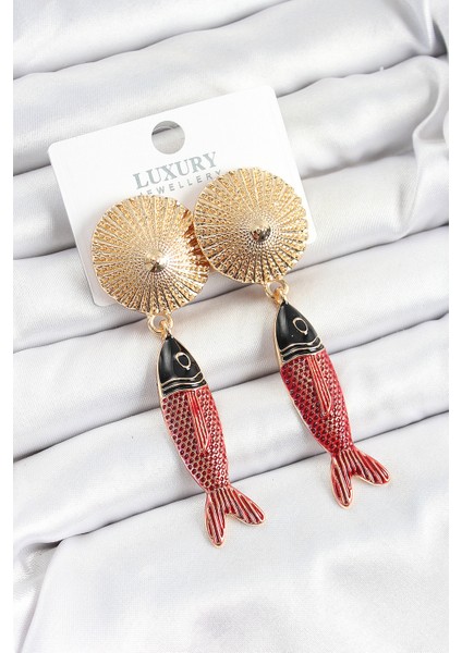 Pirinç Sallantılı Zirkon Taşlı Kırmızı Siyah Balık Model Gold Renk Kadın Küpe - Lisinya