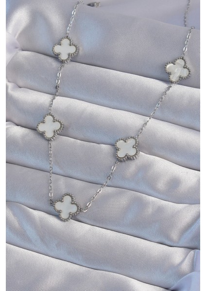 316L Çelik Gümüş Renk Beyaz Sedefli Yonca Kolye - Lisinya