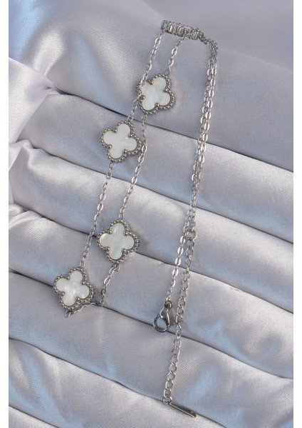 316L Çelik Gümüş Renk Beyaz Sedefli Yonca Kolye - Lisinya fiyatları