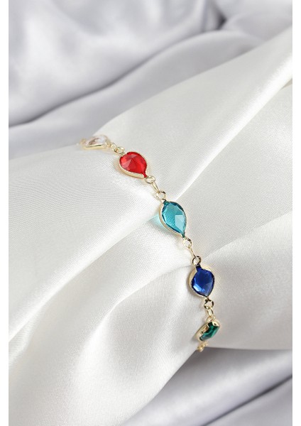 Pirinç Gold Renk Karışık Renk Damla Zirkon Taşlı Kadın Bileklik - Lisinya