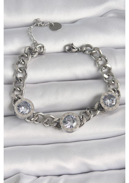 316L Çelik Gümüş Renk Zincir Model Zirkon Taşlı Işleme Detaylı Kadın Bileklik - Lisinya