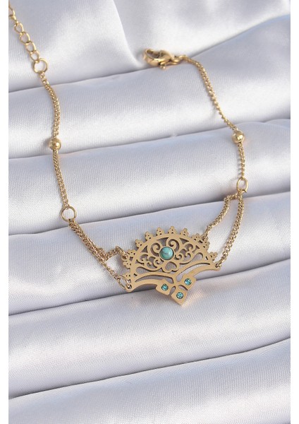 316L Çelik Gold Renk Mavi Taşlı Etnik Desen Kadın Bileklik - Lisinya