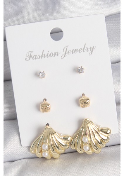 Pirinç Gold Renk Zirkon Taşlı Inci Detaylı Deniz Kabuğu Model 3 Çift Kadın Küpe Seti - Lisinya