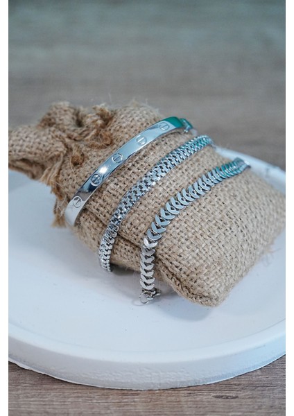 Kombin Bileklik Gümüş Kılçık Tırtıl ve Düz Cırt Model 3 Adet Birden