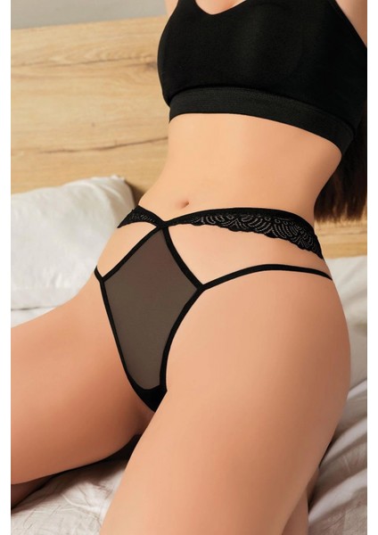Siyah Dantelli İp Detaylı Fantezi String Tanga