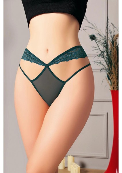 Yeşil Dantelli İp Detaylı Fantezi String Tanga