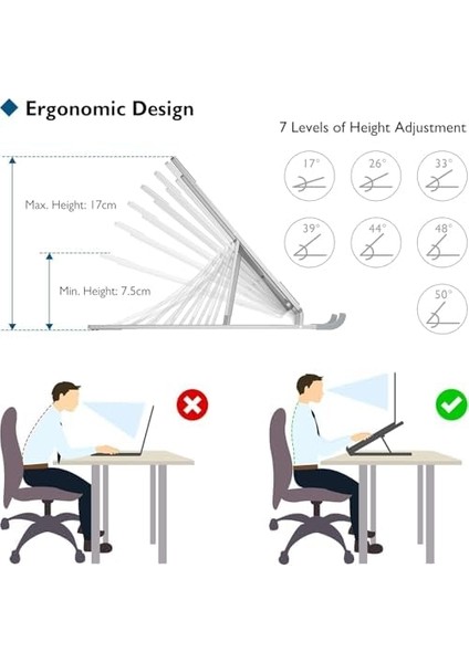 Metal Laptop Tablet iPad Dizüstü Bilgisayar Standı 7-17.3 Inç Tüm Cihazlar Için 7 Seviye Yükseklik Ayarı Taşınabilir Kaymaz Laptop Yükseltici Havalandırmalı Soğutma Katlanabilir Masaüstü Standı fiyatları