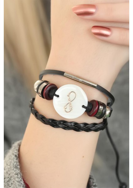 Siyah Renk Sonsuzluk ve Atatürk Imza Tasarım Çoklu Deri Bayan Bileklik - Lisinya