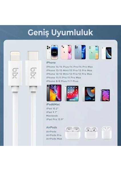 Bix BX-IP01UC Type-C To Lightning 3A Hızlı Şarj ve Data Kablosu Beyaz 1 Metre fiyatları