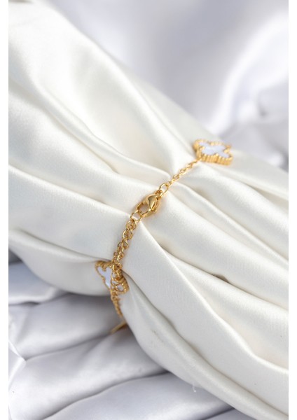 316L Çelik Zincir Zirkon Taşlı Yonca Beyaz Kadın Bileklik - Lisinya fiyatları